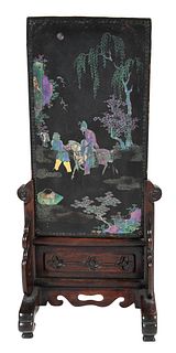 Chinese Lacquered and Inlaid Plaque on Stand