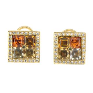 A pair of gem-set and diamond earrings. Each designed as square-shape citrine and yellow sapphire qu