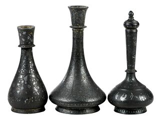 Three Indo Persian Patinated Bronze Inlaid Bottle Vases