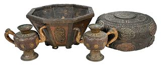 Group of Three Tibetan Bronze Objects, Persian Planter