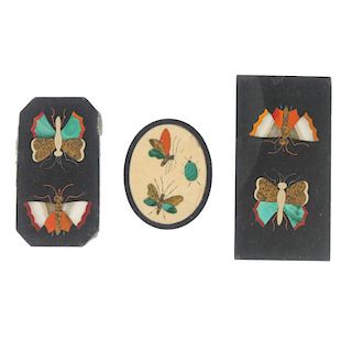 A selection of three pietra dura hardstone panels.To include two similarly-set butterfly panels with