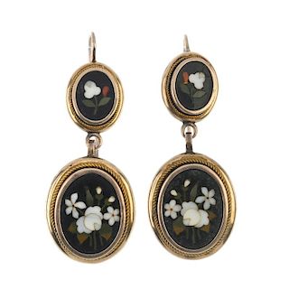 A pair of late 19th century gold pietra dura ear pendants. Each designed as two oval pietra dura pan