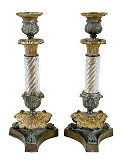 Pair of Empire Gilt Bronze and Glass Candlesticks