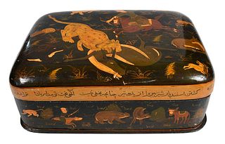 Persian Lacquered and Painted Box with Hunt Scene