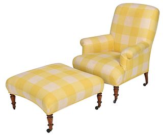 Regency Style Plaid Upholstered Club Chair and Ottoman