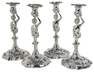 Set of Four English Silver Plate Figural Candlesticks 
