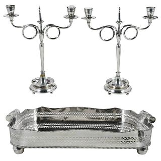 Three Pieces Silver Plate, One Tray and Pair Candelabra