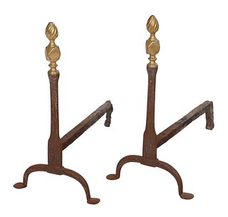 Pair of Chippendale Andirons, Diamond and Flame Finial