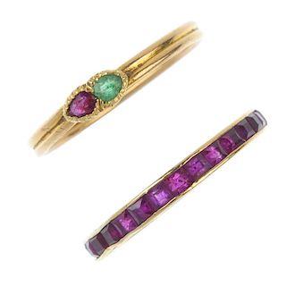 Two gem set rings. To include a mid 20th century calibre-cut ruby full-circle eternity ring with scr