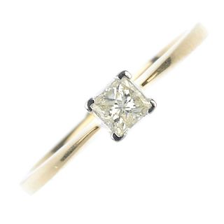 An 18ct gold diamond single-stone ring. The square-shape diamond, to the tapered sides and plain ban