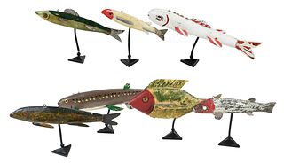 Group of Seven Freshwater Fishing Decoys on Stands 