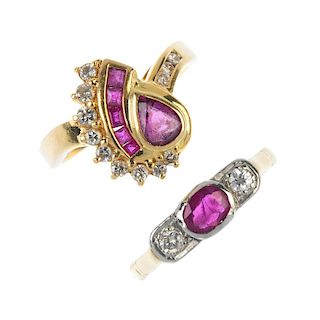 Two ruby and diamond dress rings. To include a pear-shape ruby ring with calibre-cut ruby and brilli