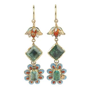 A pair of emerald and enamel ear pendants. Each designed as a rectangular-shape foil-back emerald, w