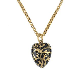 A mid Victorian gold black enamel pendant and chain. The heart-shape black enamel foliate pendant wi