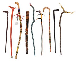Nine Folk Art Walking Sticks - Dunn, Lewis, and Hargis