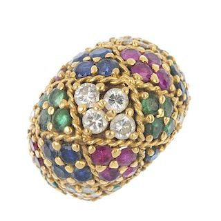 A diamond, ruby, sapphire and emerald bombe ring. The rope-twist lattice, set with brilliant-cut dia