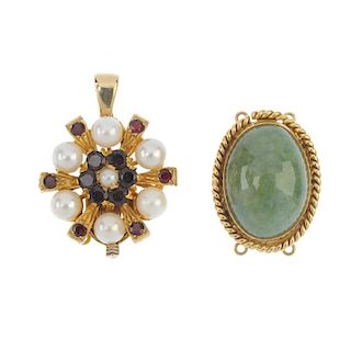 Two gem-set clasps. To include a 9ct gold cultured pearl and garnet floral clasp, may be worn as a p