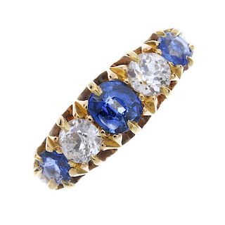 An early 20th century 18ct gold sapphire and diamond five-stone ring. The alternating circular-shape