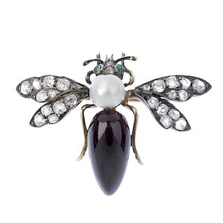A pearl, diamond and garnet bug brooch. The pear-shape garnet cabochon and pearl body, to the rose a