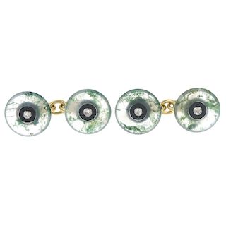 A pair of early 20th century 18ct gold diamond, moss agate and onyx cufflinks. Each deigned as two c
