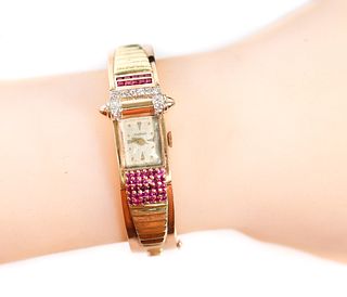 14k Tricolor Gold Ruby Diamond Bangle Watch