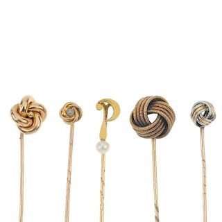 A selection of five stickpins. To include a cultured pearl question mark stickpin, a mid 20th centur