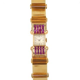 A lady's mid 20th century synthetic ruby cocktail watch. The square-shape dial with baton and Arabic