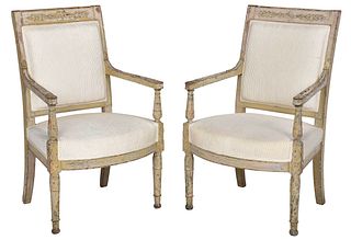 Pair Directoire Carved Paint Decorated Open Armchairs