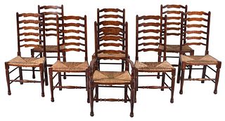 Set Eight Lancashire Style Ladder Back Rush Seat Chairs