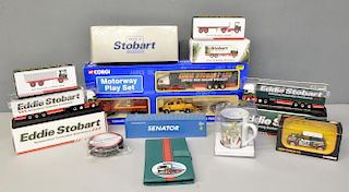 A collection of items items including Eddie Stobart die-cast models, volvo FH fridge trailer, a mini