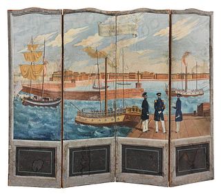English Hand Painted Four Panel Room Screen