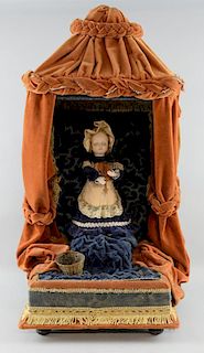 Victorian musical automaton, a girl violinist doll with bisque head and hands, on plinth base with c
