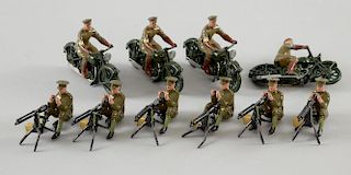 Britains, five machine gunner figures and four riding motor cycles,