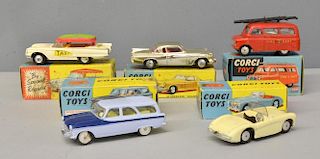 Five Corgi Toys model vehicles, comprising 424 Ford Zephyr Estate Car, 405M Bedford Utilecon Fire Te