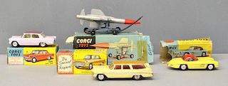 Four Corgi Toys model vehicles, comprising 350 Thunderbird guided missile on assembly trolley, 304 M