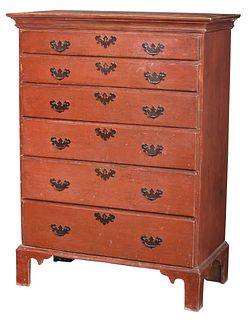 New England Chippendale Red Painted Tall Chest
