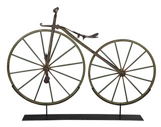 Early Folk Art Iron and Painted Wood Bicycle on Stand