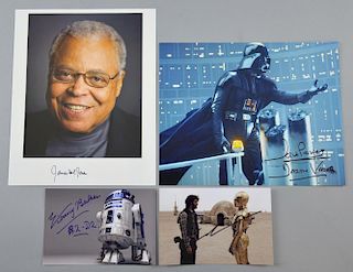 Star Wars, Four signed promotional photographs of George Lucas, Kenny Baker, Dave Prowse & James Ear