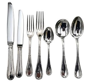 89 Piece Christofle Silver Plated Flatware Setting, in two fitted Christofle boxes, to include 8 dinner forks, 4 luncheon forks, 13 salad forks, 12 ta