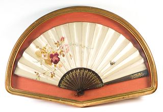 Victorian Silk Embroidered Fan w/Insect, Framed