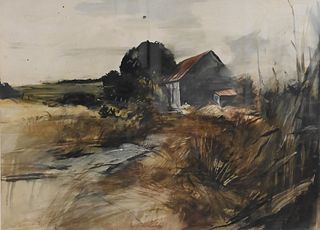 Mark Winslow Potter (American, 1929 - 1995), "Fields at Fonda" watercolor, signed on verso, having James Graham & Sons, New York gallery label on vers
