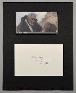 Alec Guinness, Autograph card signed by the Star Wars actor, dated 1987 along with a holographic car