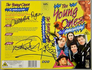 The Young Ones signed video cover signed by Ade Edmondson, Rik Mayall, Nigel Planer & Christopher Ry