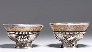 Two Chinese Silver & Jade Bowls