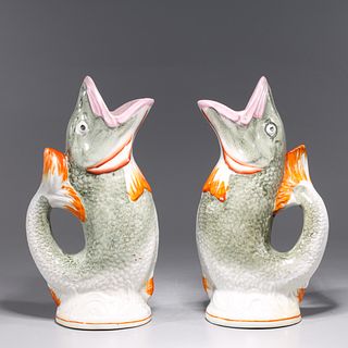 Pair of Antique Staffordshire Porcelain Fish Vases