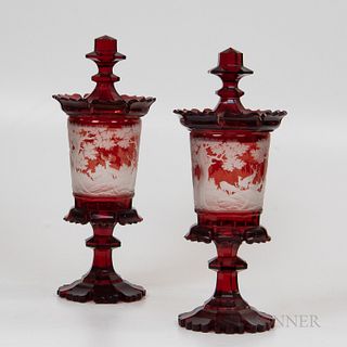 Near Pair of Ruby Bohemian Glass Covered Urns