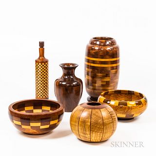 Six Contemporary Turned and Inlaid Wood Vessels