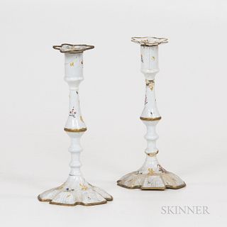 Two Floral-painted Battersea Enameled Brass Candlesticks