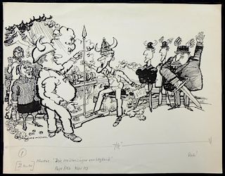 William Bill Hewison, original cartoon, Die meistersinger von Leyland, 9.5 x 15. Provenance; Bill He