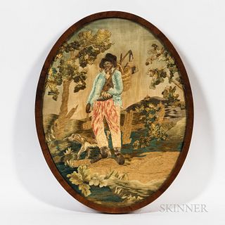 Framed Oval Silk Needlework of Man with Dog